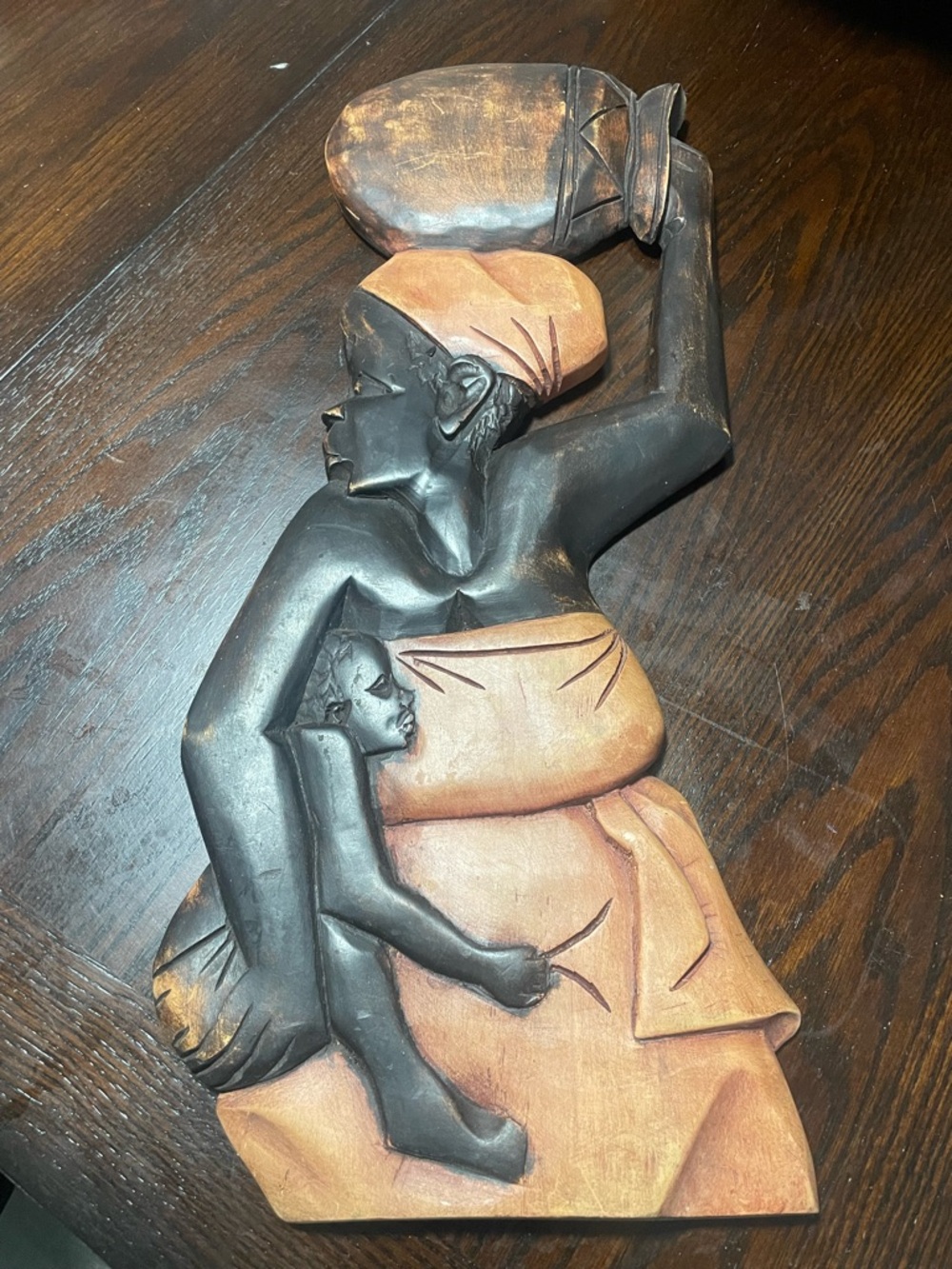 Hand-Carved Mother & Child Wooden Wall Sculpture - Black and Tan